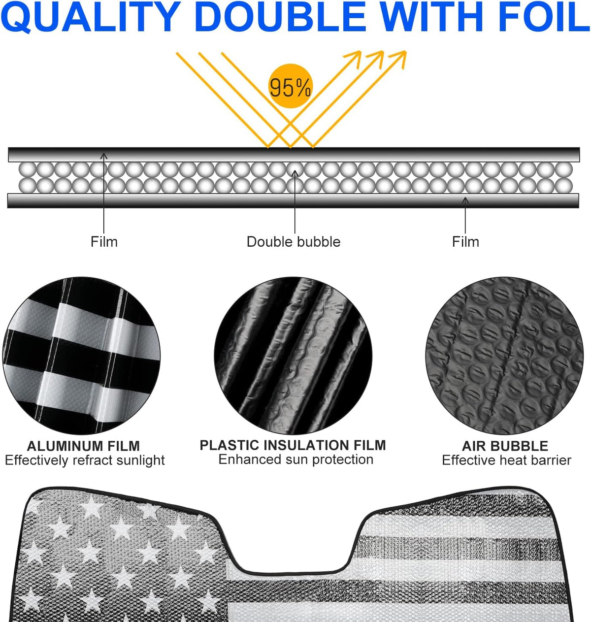 Litivy Windshield Sun Shade Compatible with Jeep Wrangler JK JKU JL JLU 1997-2023 & Jeep Gladiator JT 2020-2023 16.5"x52.5" Folding Front Window Sun Shade for Car Accessories (American Flag)