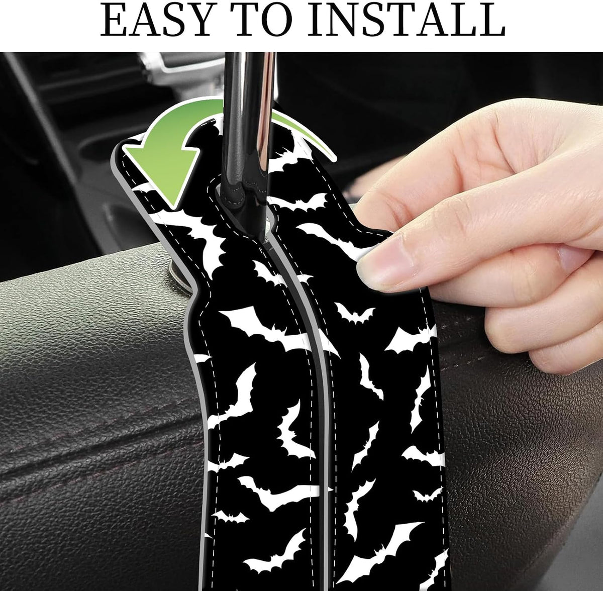 PU Leather Car Seat Hook, Storage Headrest Hanger, Cute Car Backseat Organizer, Car Hooks For Purses and Bags Black White Bat