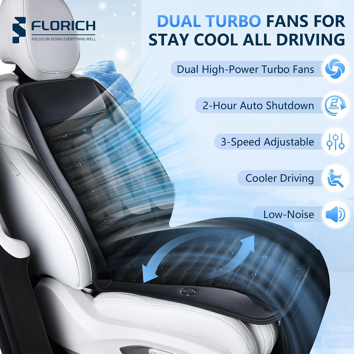 FLORICH Cooling Car Seat Cover Ventilated Seat Cushion with 2 Powerful Turbo Fans 3-Speed Adjustable 12V-24V Cooling Car Seat Pad for Summer Driving Universal Fit for Car SUV Truck Van