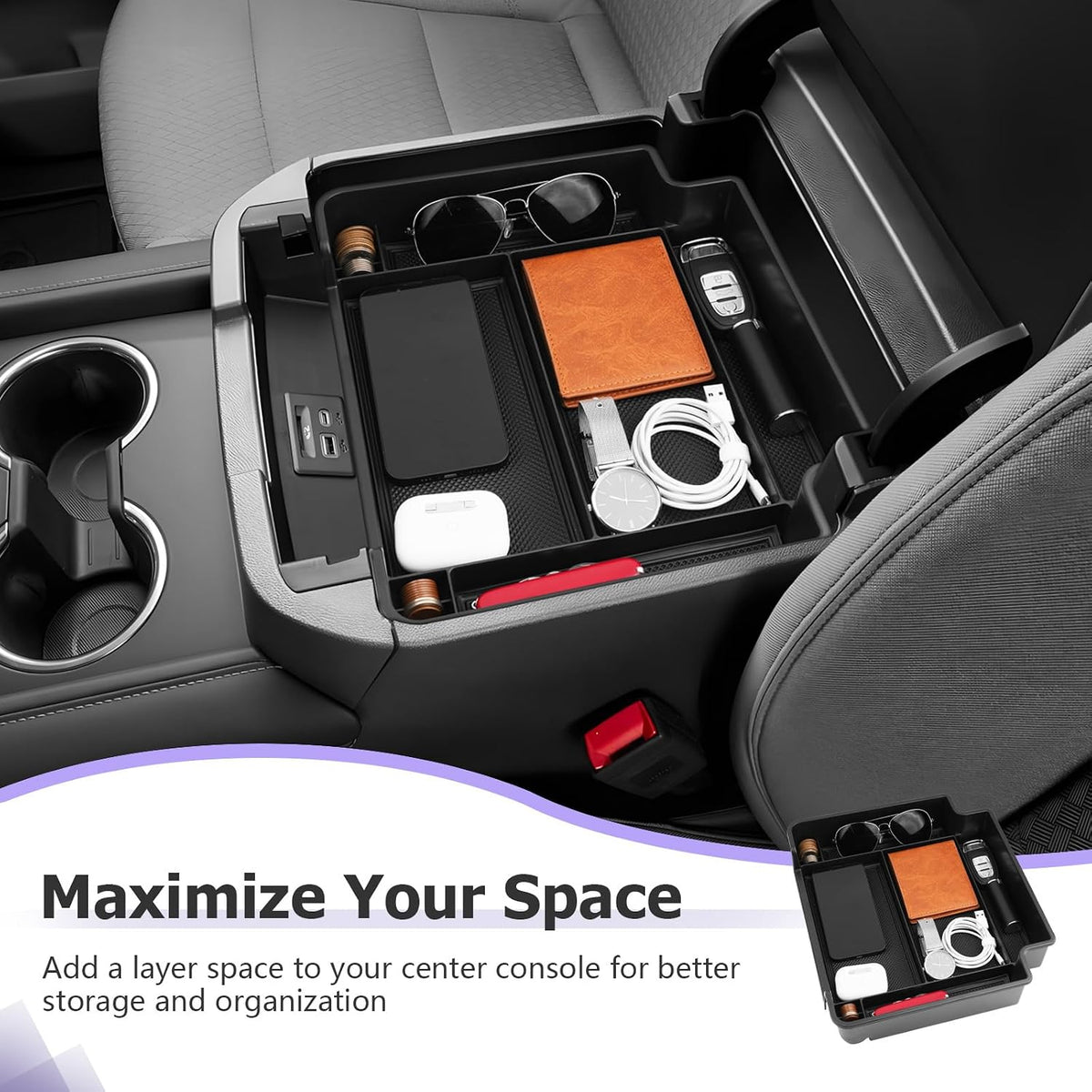 LUWU Console Organizer for 2021-2026 Tahoe & Suburban/GMC Yukon Accessories(ONLY for Standard Console w/Charging Socket) - NOT for Power Sliding Console Center Console Organizer Tray ABS Materials