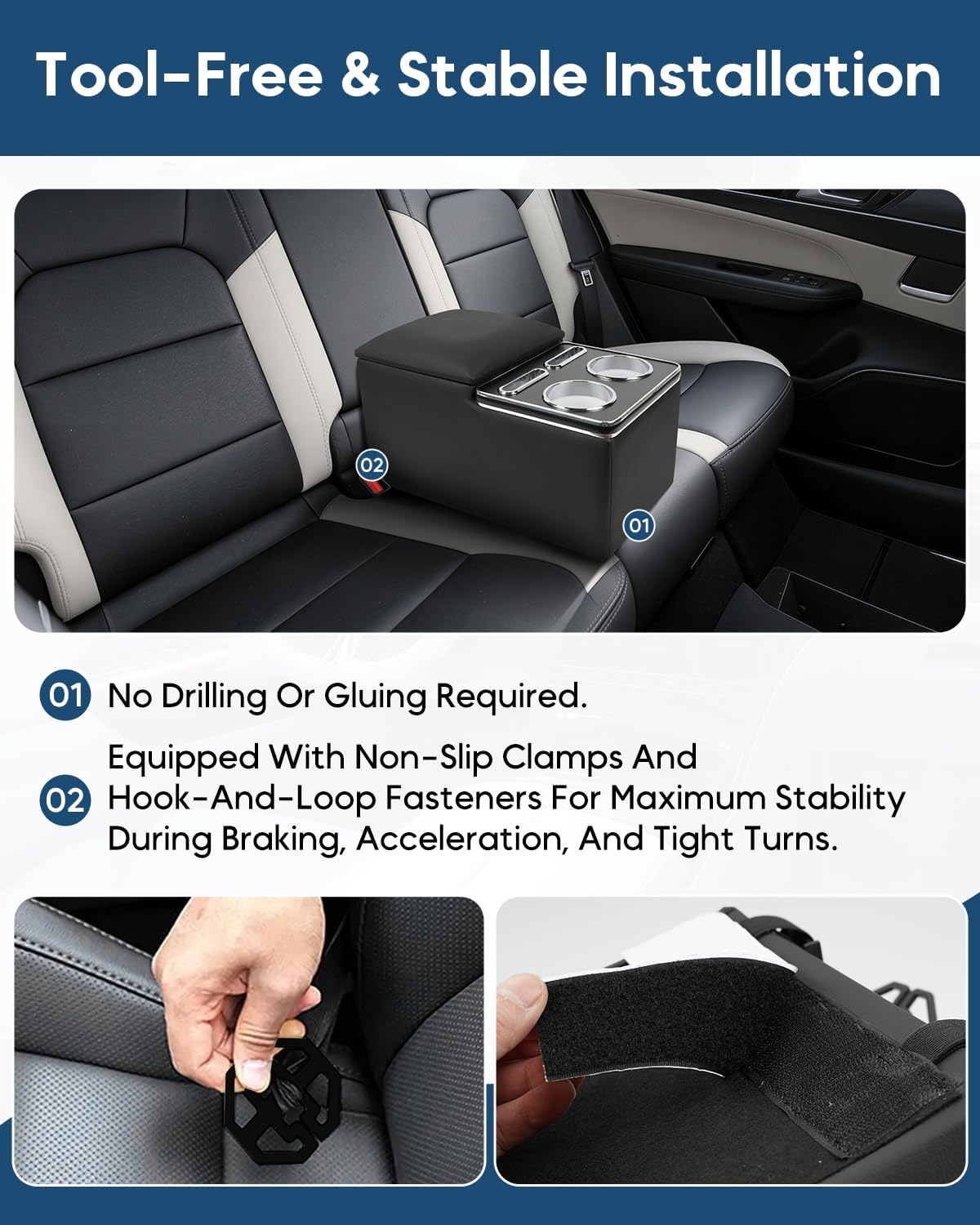 Bench Seat Center Console Organizer, Cup Holders, Regular, Black