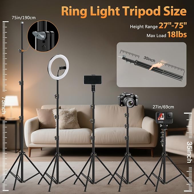 22'' Ring Light with 75'' Tripod Stand, LED Display/2 USB Ports/6500K Dimmable