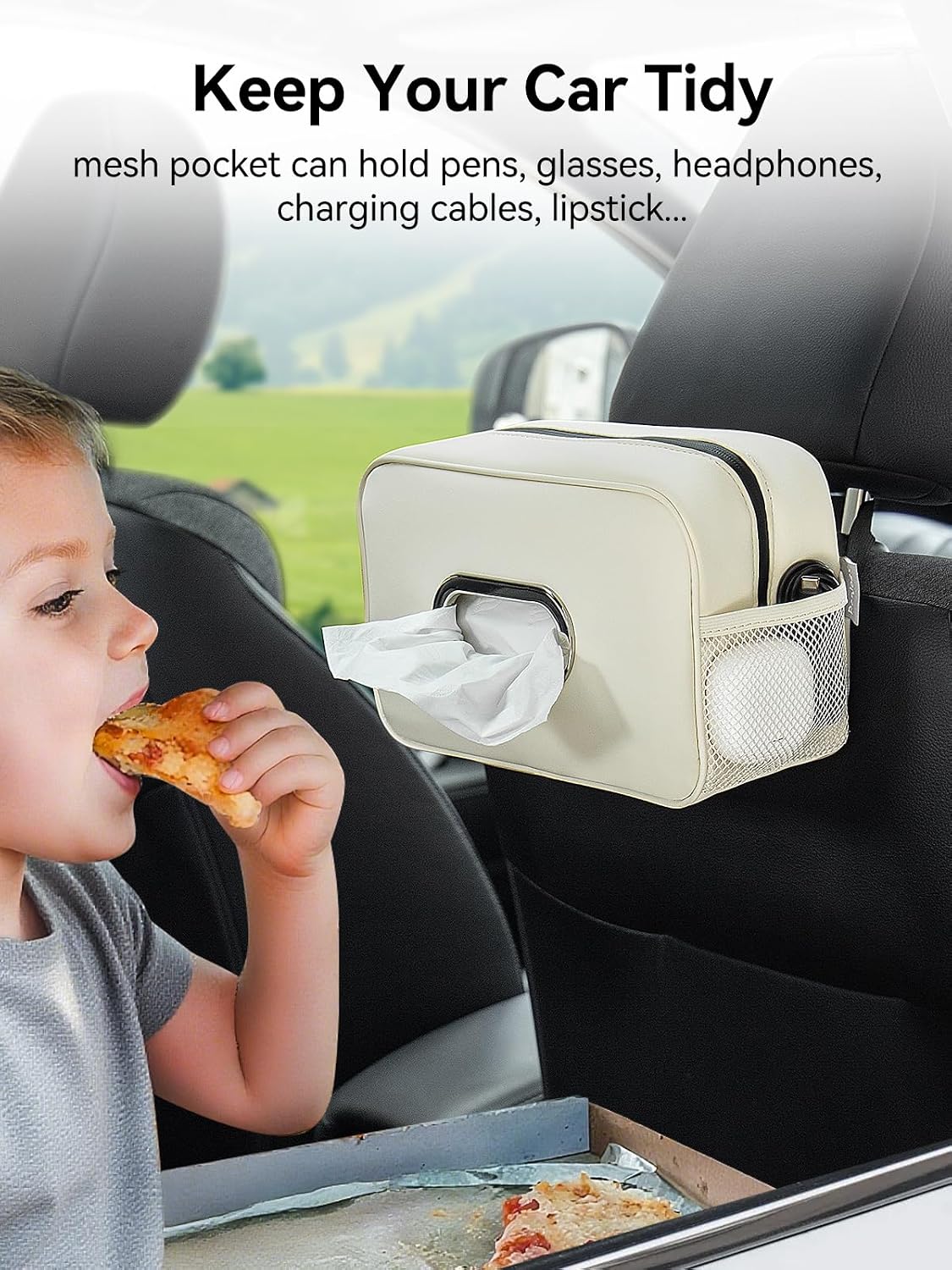 Multi-Functional Car Tissue Holder with ‌2 Storage Nets, Tissue Box Cover