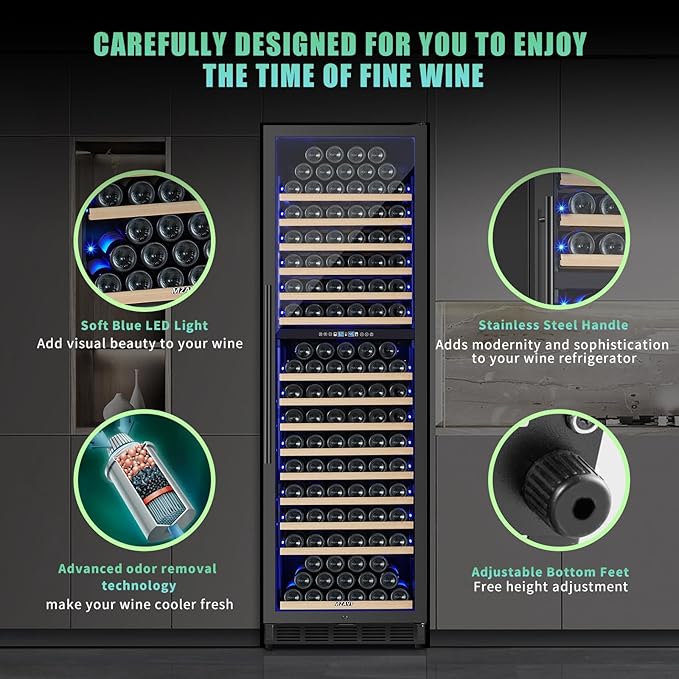 200 Bottle Dual Zone Wine Fridge, 24 Inch Large Wine Cooler Refrigerator Built-In or Freestanding, Tall Wine Cooler with Upgraded Compressor, Temperature Memory, Low Noise and Fast Cooling