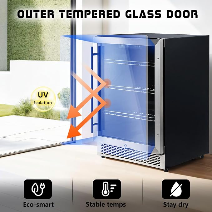 Albott 24 Inch Beverage Refrigerator, Under Counter Fridge with Glass Door | Adjustable Shelves, LED Touch Panel, Built-In or Freestanding Design for Wine and Beer, 34-64℉