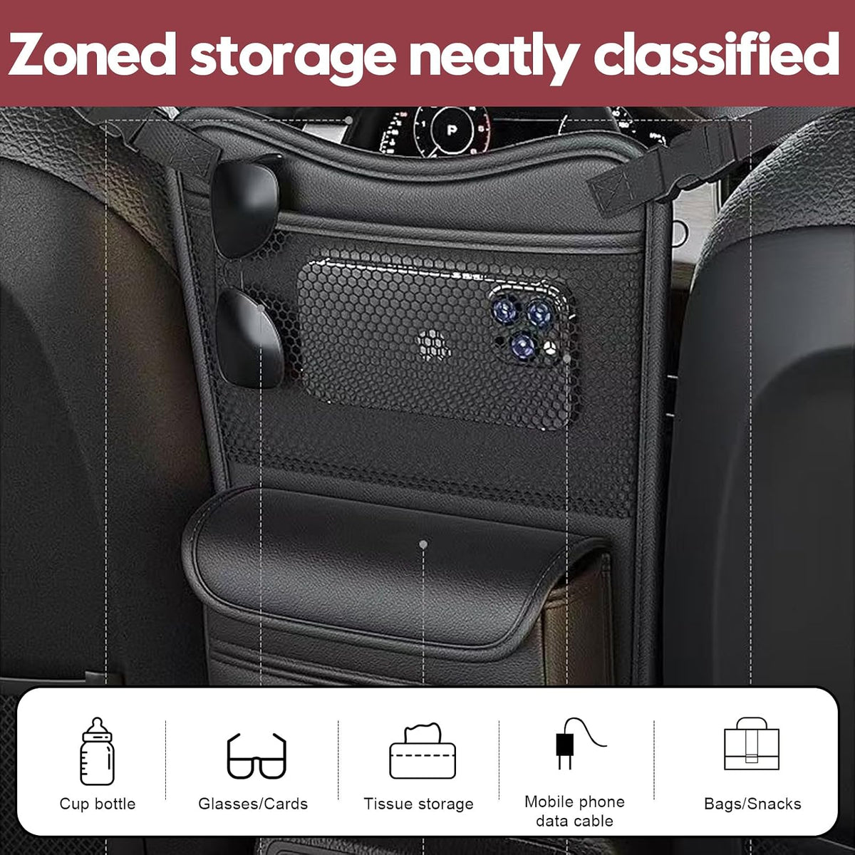 EMTK Car Seat Back Organizer, Black, Mesh Pocket Storage Bag, Reversible Front and Back Placement, 12.99 x 8.86in