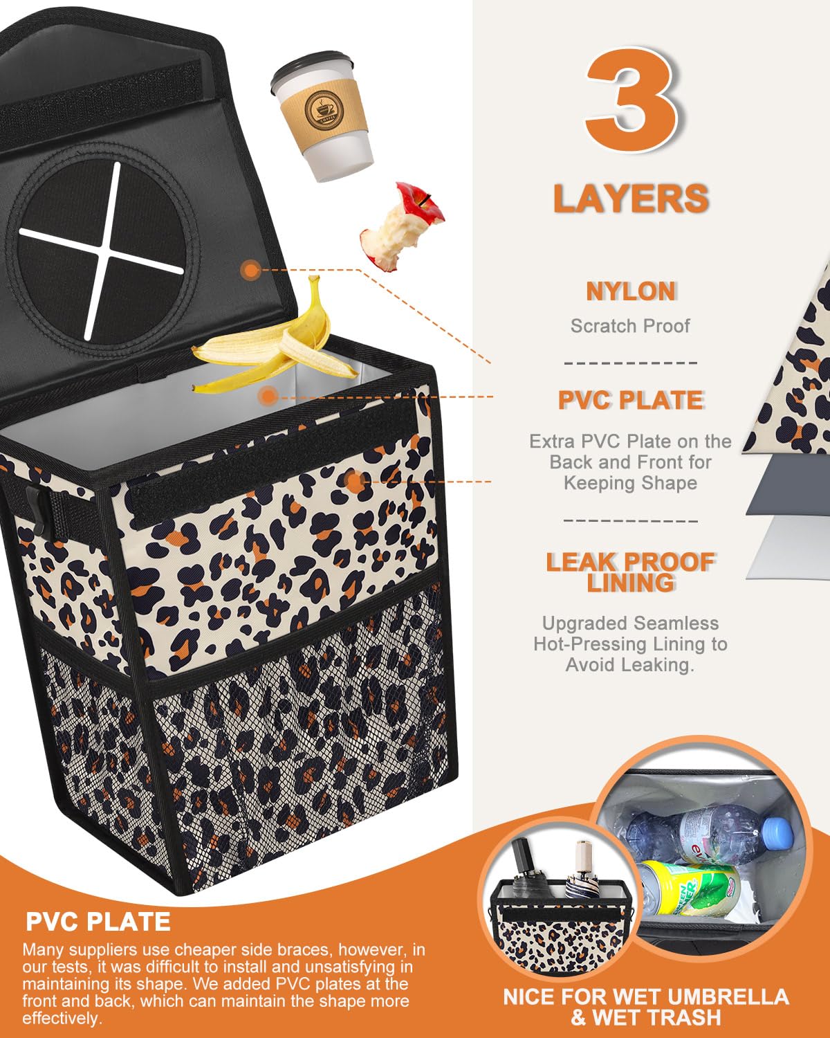 Pritent Car Trash Can with Lid Leakproof Car Garbage Bag Vehicle Trash Bin
