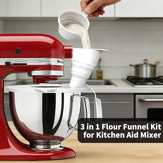 Flour Funnel for Kitchen Aid Mixer Flour Funnel for Stand Mixer 3-in-1 Accessory Set with Splash Guard Lid & Measuring Cup for 4.5-5 Qt Tilt-Head Mixers Food-Grade Silicone