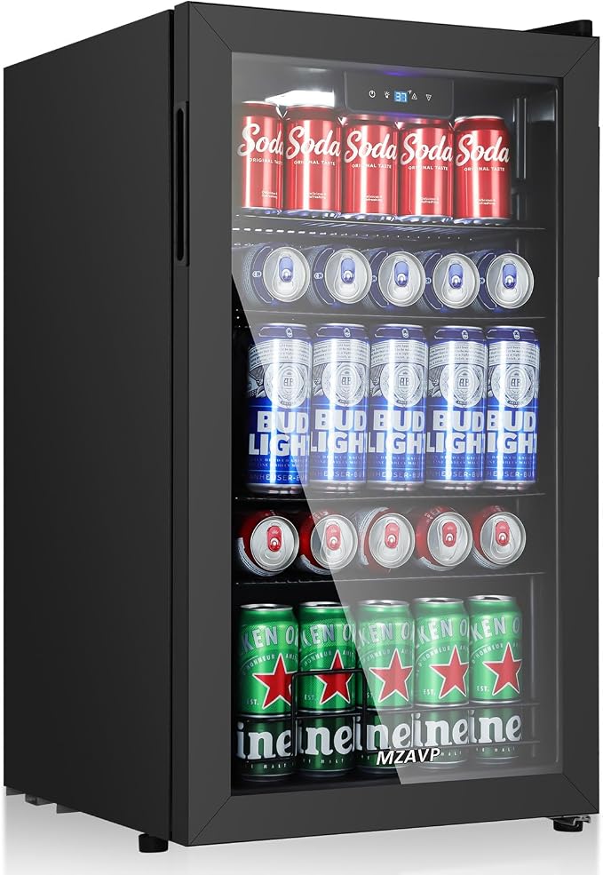 120 Cans Beverage Refrigerator Freestanding, Small Beverage Cooler with Glass Door, Mini Drink Fridge for Beer Soda, 3.0 Cu.Ft for Office, Home, Bar, White LED Light & Reversible Door - Black