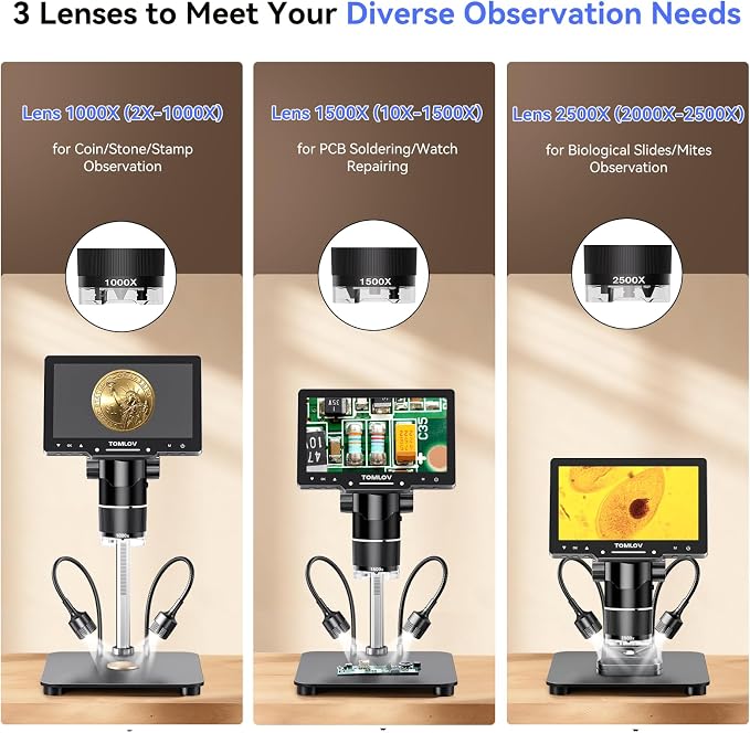 TOMLOV TriL107 3-Lens Digital Microscope: 7" 2500X 2K HD Coin Microscope