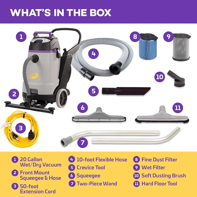 ProTeam Wet Dry Vacuums, ProGuard 20, 20-Gallon Commercial Wet Dry Vacuum Cleaner with Tool Kit and Front Mount Squeegee