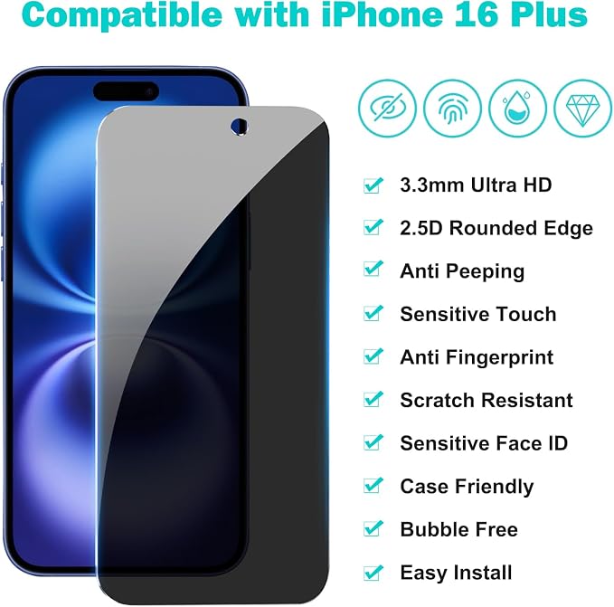 PEHAEL 3+3 Pack for iPhone 16 Plus Privacy Screen Protector
