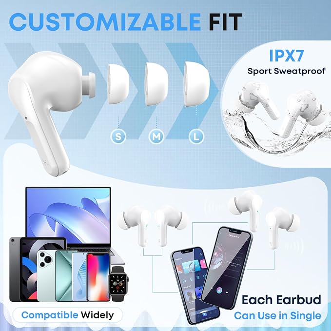 Wireless Earbuds Bluetooth 5.4 Headphones, Noise Cancelling Mic Ear Buds with 50H Playback, LED Digital Display, IPX7 Waterproof Earphones for Office/Running/Workout