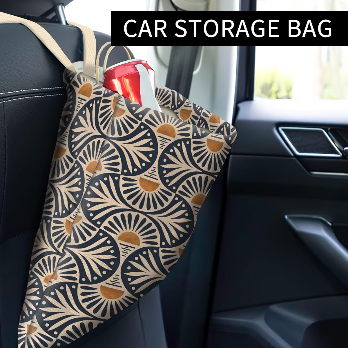 Car Trash Can, Cute Car Trash Bag, Hanging Car Organizer and Storage Bag, Trash Bin for Car Accessories, Vehicle, Travelling, Camping Boho Orange Sun Leaf