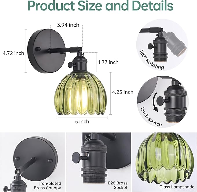Vintage Wall Sconce with Green Tulip Glass Lampshade 180 Degree Adjustable Black Sconce Hradwired Modern Wall Lighting Fixture with Switch for Bedside Bedroom Doorway