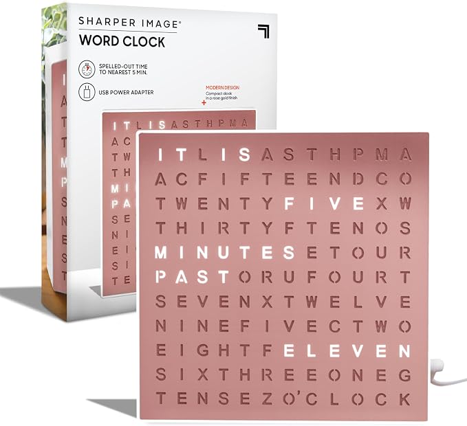 Sharper Image LED Word Digital Clock, Rose Gold Finish, Light-Up Desk & Wall