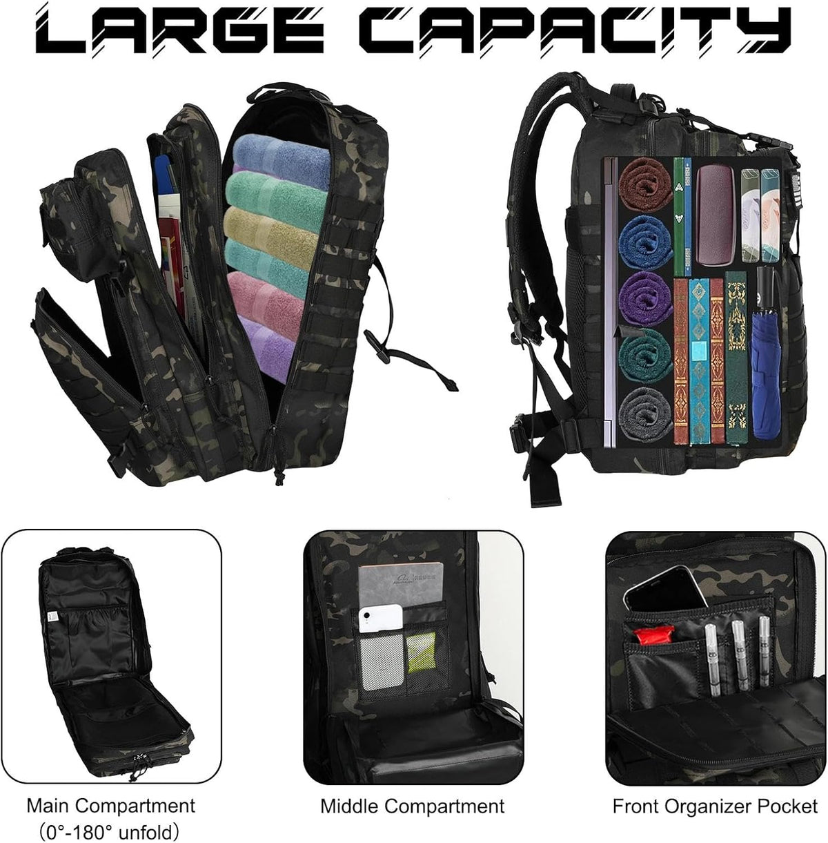 WOLT Military Tactical Backpack - 45L Molle Assault Pack | Heavy-Duty Rucksack for Hiking & Gym, Camouflage Black