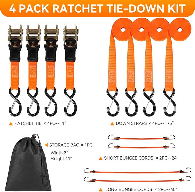 4 Pack Ratchet Straps Tie Downs Heavy Duty 1500 LBS Break Strength, Orange Tie Down Straps with S Hooks and Safety Clips, 4 Bungee Cords, Storage Bag for Motorcycle, Truck, Cargo, UTV, Trailer