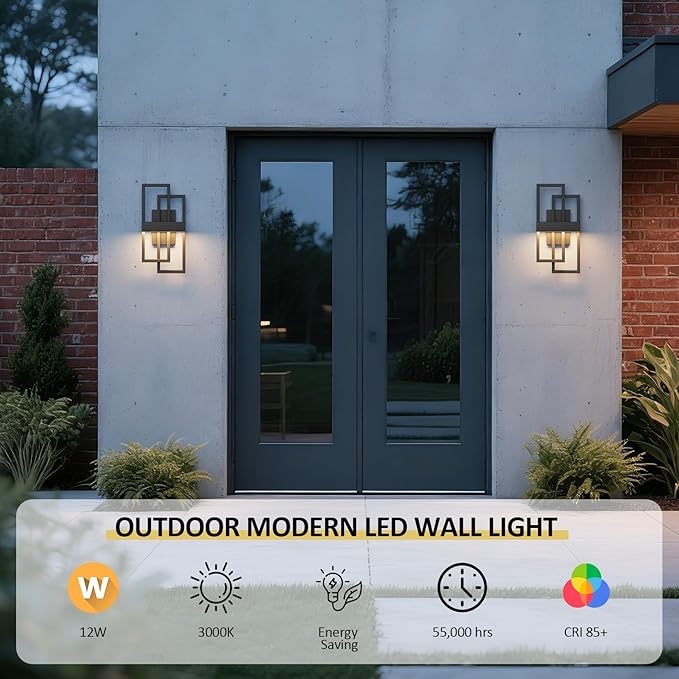 16" Modern Outdoor Led Wall Light,12W 3000K Exterior Hardwired Sconces Light Fixture,IP65 Waterproof Wall Mounted Wall Lamp for Front Door Garage Patio Porch(Balck,1-Pack)