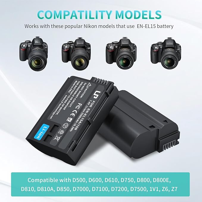 EN-EL15 Battery Pack, LP 2-Pack EN-EL15 EN EL15a Rechargable Li-ion Replacement