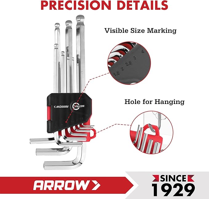 ARROW 18PCS Allen Wrenches Sets with Ball End, SAE and Metric Hex Key Set, Cr-V Steel with Chamfered Edges, Laser Etched Size, 2-Pack Allen Key Kit for Bicycle, Furniture and Electrical Repair