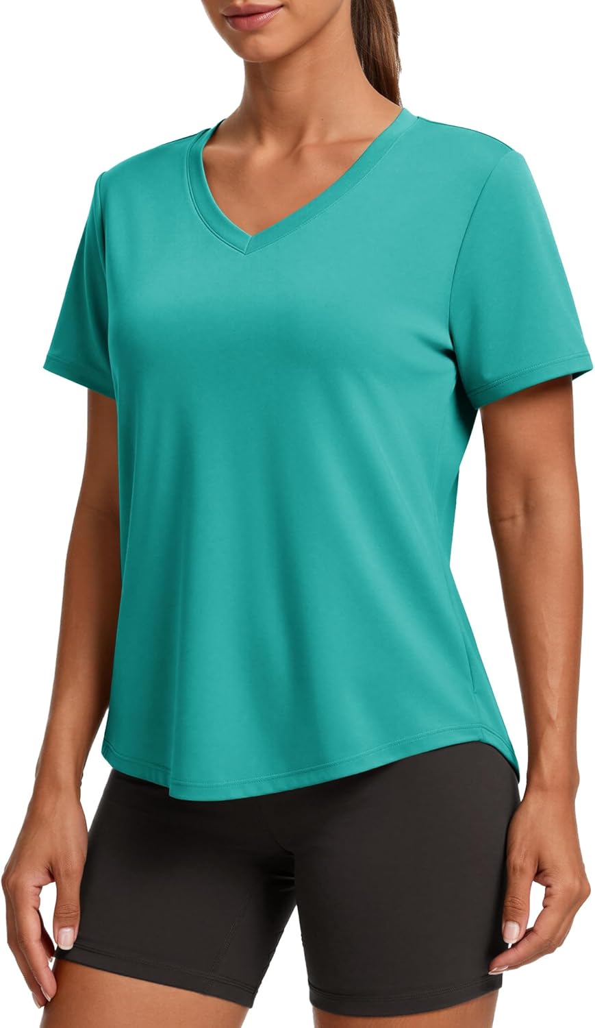 PINSPARK Soft Workout Tops for Women - Short Sleeve V-Neck, Moisture-Wicking, UPF 50+ Sun Protection, Quick Dry Gym Shirts