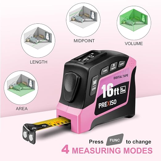 PREXISO 2-in-1 Digital Tape Measure - 16Ft Pink Digital Measuring Tape