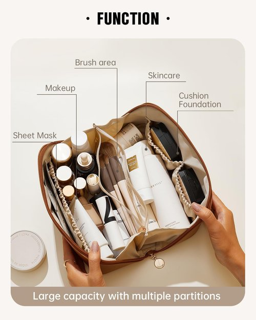 EACHY Travel Makeup Bag - Large Capacity Waterproof PU Leather Cosmetic Organizer | Flat Open Design for Skincare & Brushes
