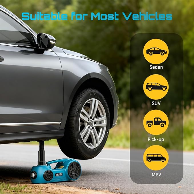 SEESII Electric Car Jack Kit: 5 Ton 12V Hydraulic car Jack with Impact Wrench and Tire Inflator Pump, 17.7 Inch Lift Range 3in1 Floor Jack Lift for SUV MPV Sedan Truck Change Tires Garage Repair