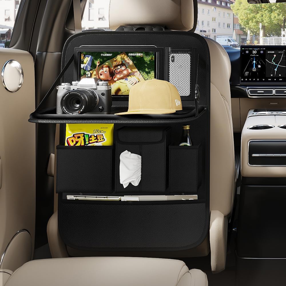 GMQ Back Seat Car Organizer 1 Pack,Backseat Organizer with Tray,Multifunctional Car Seat Back Storage Box with Foldable Tablet Holder (Beige, Plain weave)