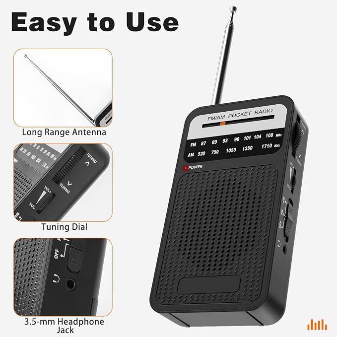 Portable Radio AM FM with Best Reception, Goodes Transistor Radio with Loud Speaker, 2AA Battery Operated, Headphone Jack for Indoor, Outdoor and Emergency Use-Black