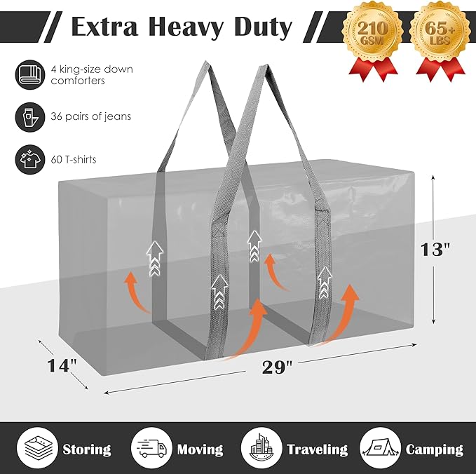 12 Pack Extra Heavy Duty Large Moving Bags with Reinforced Zipper & Wide Handles, Waterproof Storage Bins for Clothes, College Dorm, Travel, and Home Organization, Gray
