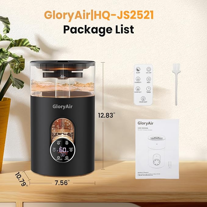 Warm & Cool Mist Humidifier - GloryAir Black 6L Quiet Top Fill Humidifiers for Bedroom Large Room with Smart Humidity Control, Remote Control, 7-Color Light, Humidistat, Oil Diffuser for Baby & Plants