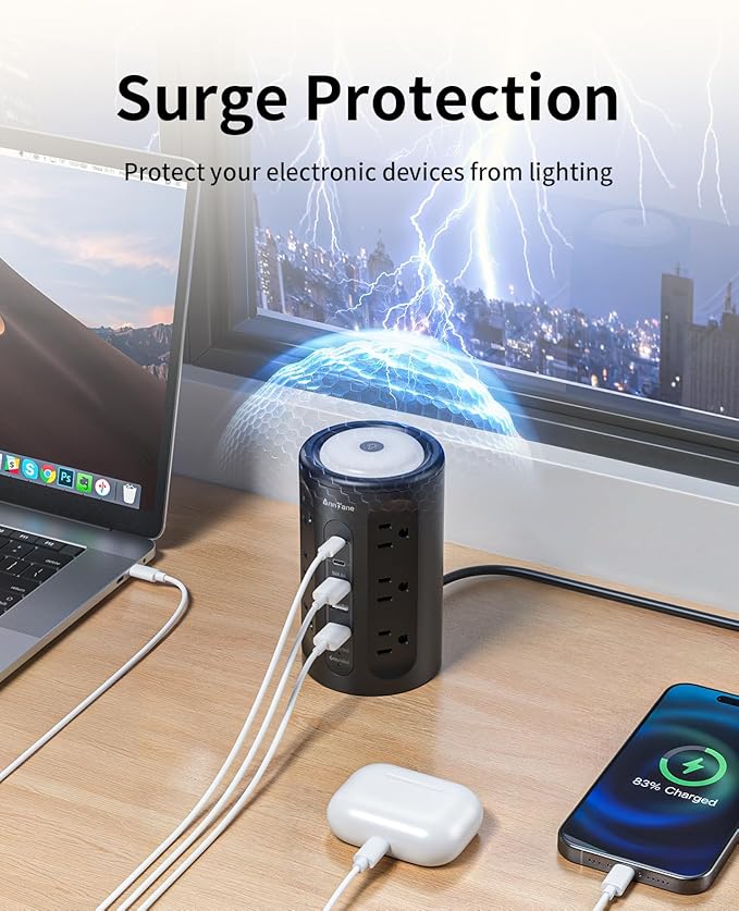 AnnTane Power Strip Tower with Night Light, Power Strip Surge Protector with USB Ports, Extension Cord 10 FT with Multiple Outlets (12AC+3A+2C) for Home Office Desk DormRoom (Black)