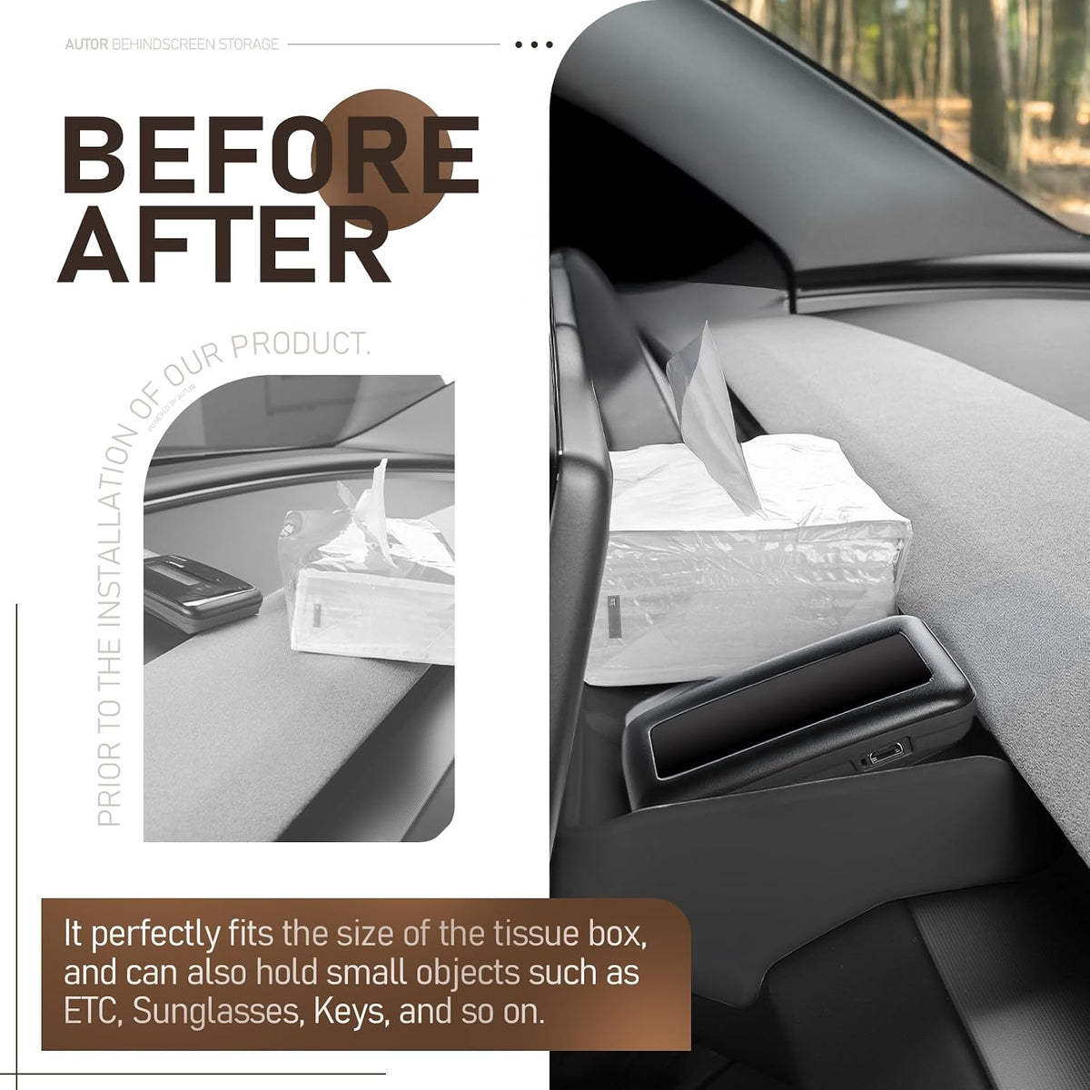 AUTOR Behind Screen Storage Box Center Console Organizer for Tesla Model 3/Y Tissue box Sunglasses & Phone Holder Fits for 2024-2025 Model 3 Highland and 2025 Model Y Juniper