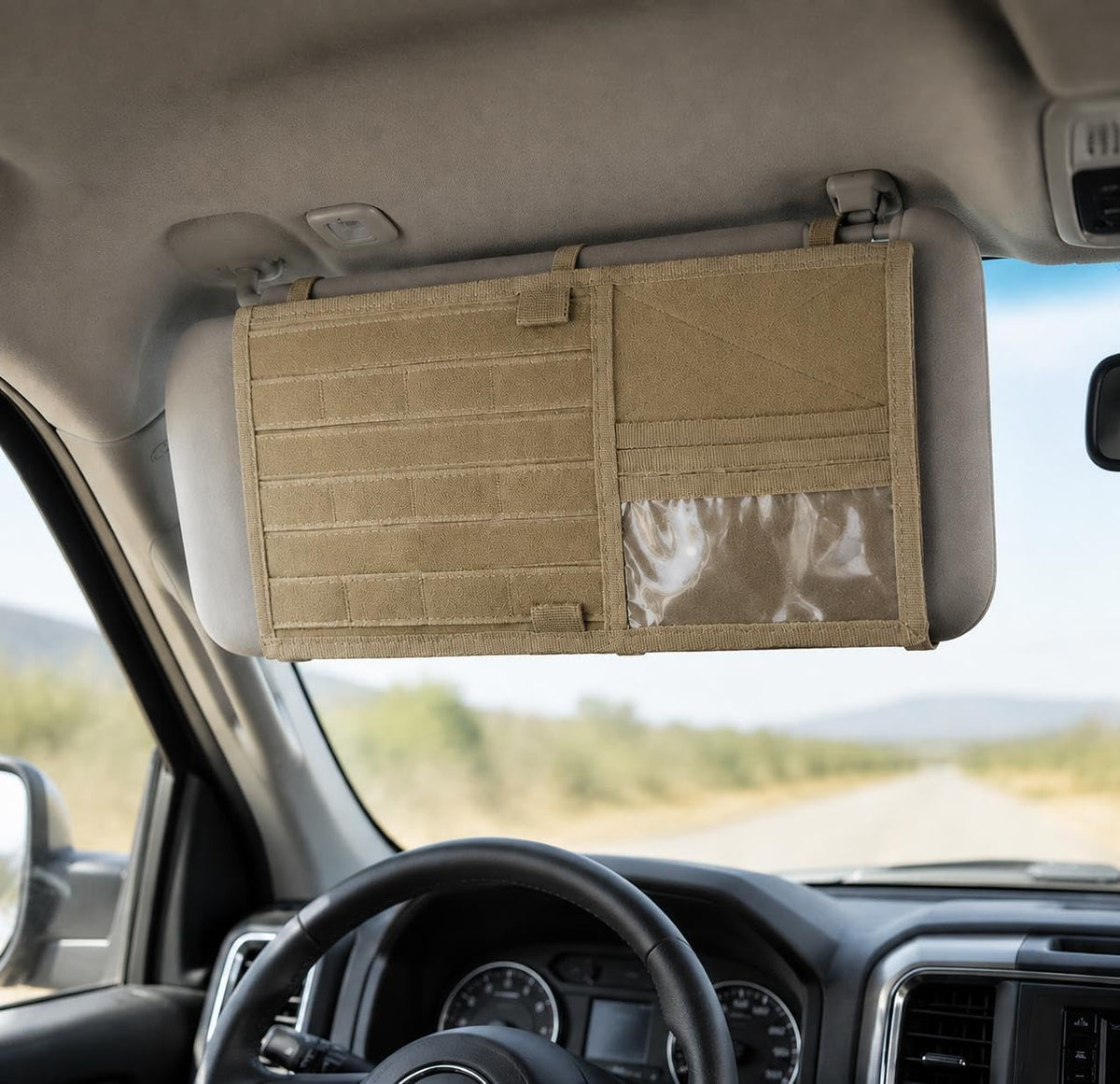Car Sun Visor Organizer, Tactical MOLLE Visor Panel for SUV, Pickup Truck, Jeep & Car – Double-Sided EDC Storage Panel for Sunglasses, Documents, Flashlight, Pens & Tools