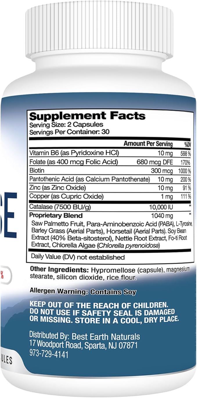 Best Earth Naturals Catalase Supplement 10,000 with Saw Palmetto, Biotin, Fo-Ti, PABA - Hair Supplements for Strong Hair - 180 Capsules - Pack of 3 (90-Day Supply)