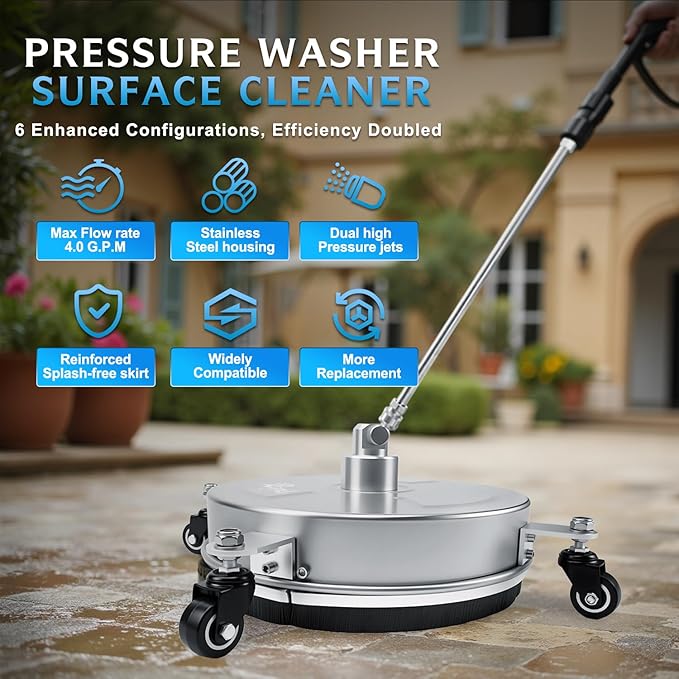RAYNEL 14'' Pressure Washer Surface Cleaner with 4 Wheels, Stainless Steel Housing, 1/4" Quick Plug, 2 Extended Wands, 2 Replacement Nozzles