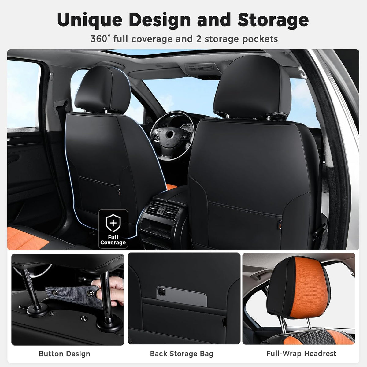 Huidasource Leather Car Seat Covers Full Set 5 Seats, Waterproof Faux Leather Front & Rear Seat Cover with Headrest, Non-Slip Automotive Seat Covers Fit for Most Cars Trucks SUV, Black&Orange
