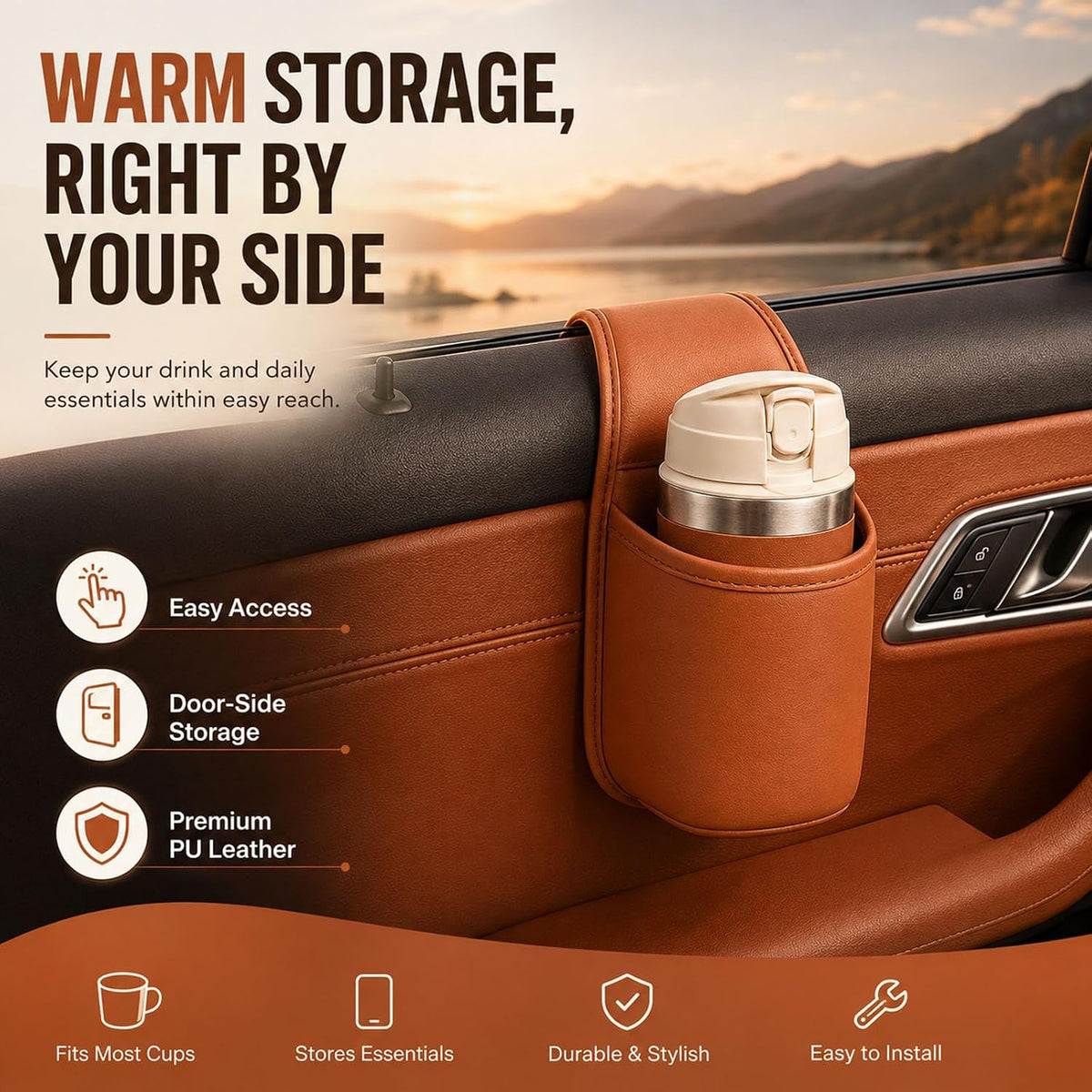 2027 Leather Car Door Cup Holder for Window, Wide-Mouth Organizer for Drinks & Phone (2Orange)