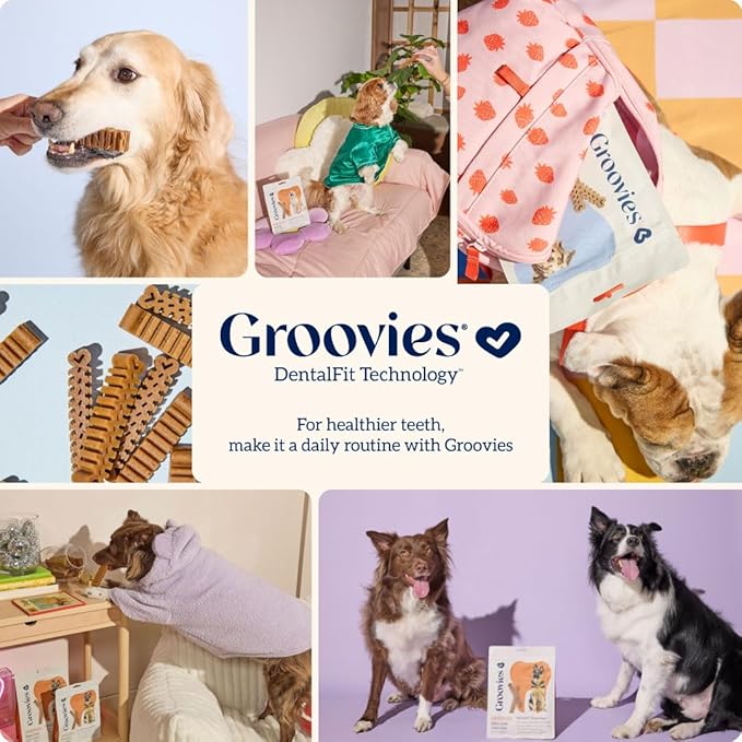 Groovies Flexible Dog Dental Chews with Patented DentalFit Technology to Help Support Tartar Control & Fresh Breath, XLarge Dog Chews for 50-100 lb Dogs, USA Manufactured Oral Care, 4 Chews
