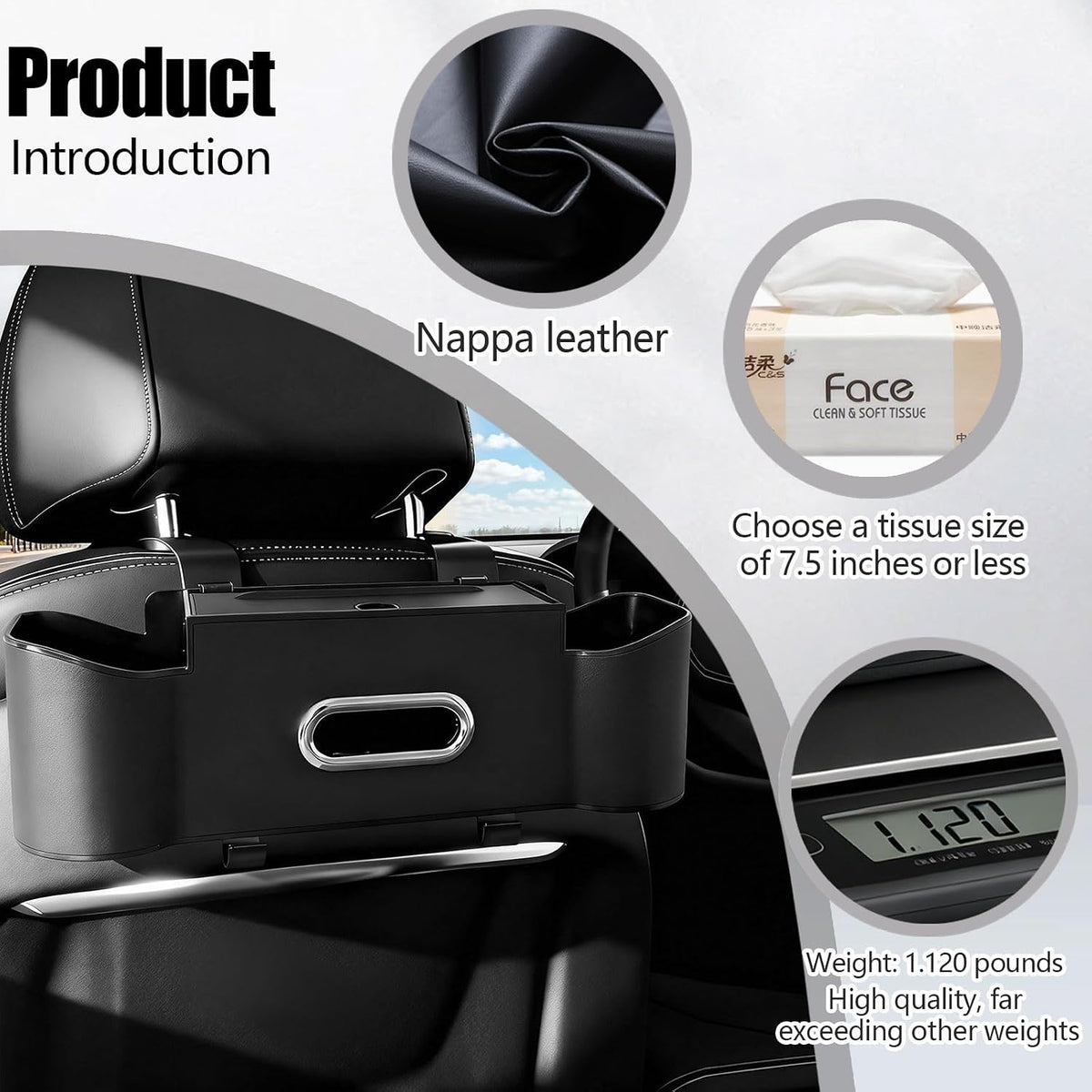 Car Backseat Organizer for Kids & Travelers - 4 in 1 Multifunctional Car Seat Back Storage with Cup Holder, Tissue Box, Snack/Handbag Holder - Nappa Leather Universal Fit for SUV/Van/Sedan (Black)