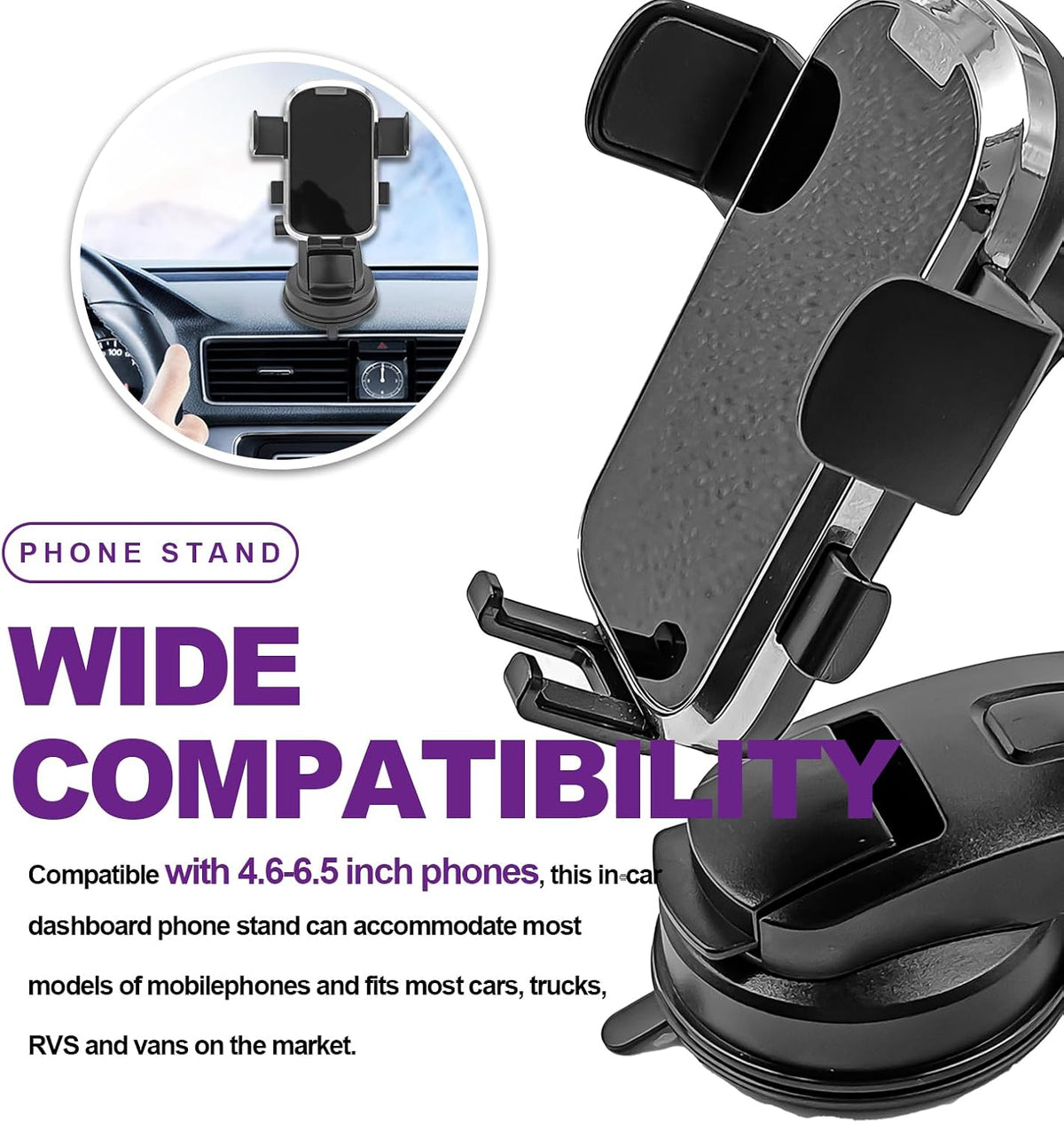 Car Phone Holder Mount Clip, Upgraded 3-in-1 Car Phone Holder Mount, Powerful Vacuum Suction Phone Mount for Car Dashboard Air Vent Windshield, 360° Adjustable, for All iPhone Android Phone