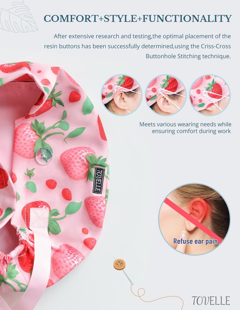 Strawberry Print Scrub Caps for Women with Buttons, Pink Surgical Tech Head Cover, Adjustable Euro Style Scrub Hat for Long or Short Hair