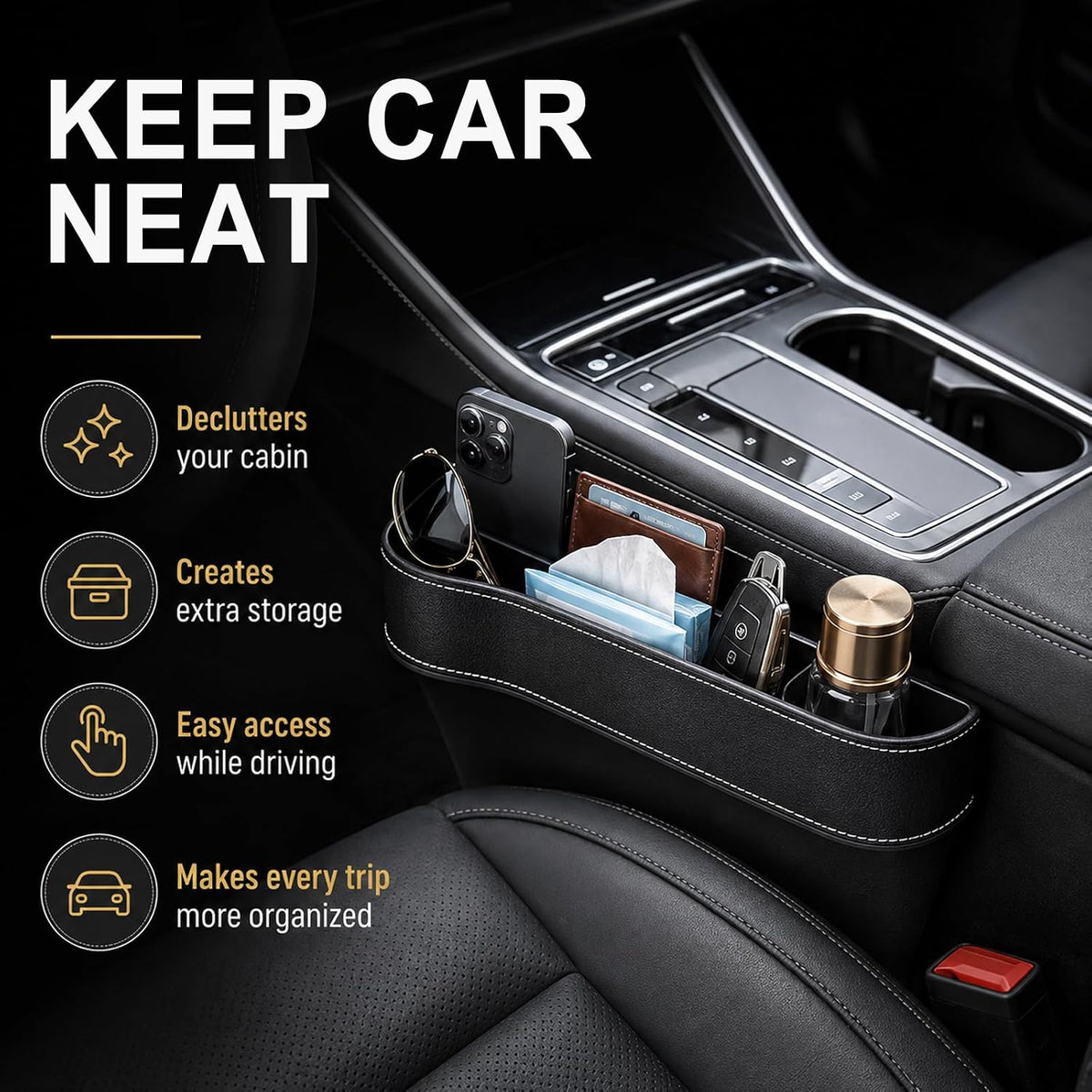 Car Seat Gap Filler Organizer, Car Console Organizer with Cup Holder, Black