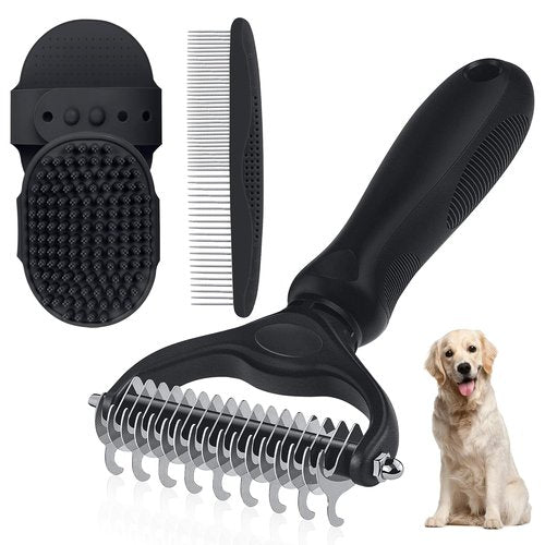 Double-Sided Pet Grooming Rake - 4-in-1 Professional Grooming Kit for Dogs & Cats | Extra-Wide Deshedding Tool (4PCS Black)