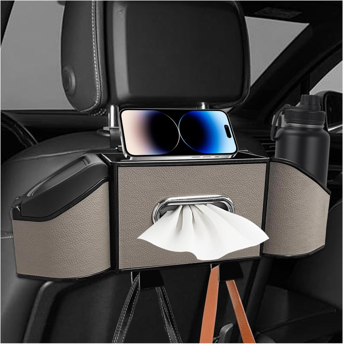 Car Backseat Organizer, 7-In-1 Multifunctional Car Headrest Storage Box with Hook Phone Holder & Cup Holder, Vehicle Hanging Seat Back Organizer for Hold Phone Snacks Drinks (Black)