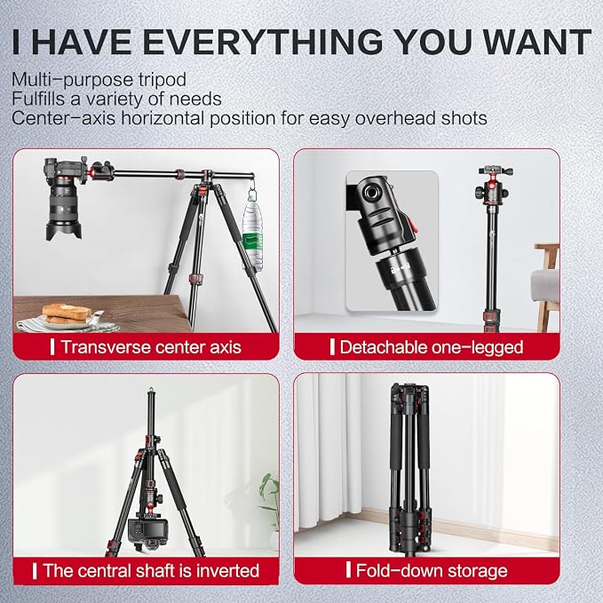 FreeSea 72 inch Camera Tripod, Transverse Center Column Aluminium DSLR Tripod
