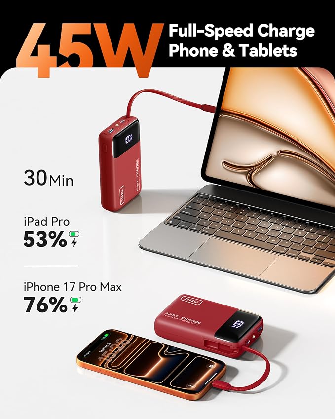 INIU 20000mAh Power Bank, Small Portable Charger, 45W PD Fast Charging Battery Pack with Build in USB-C Cable, Travel Phone Charger for iPhone 17 16 15 14 Air Samsung S25 S24 Google iPad Xiaomi, Red