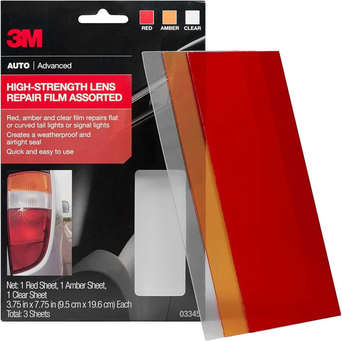 3M Auto High-Strength Lens Repair Film, 3.5 in x 7.75 in, Assorted Sheets: Red / Amber / Clear, Weatherproof & Airtight Seal, Flexible Film Repairs Flat or Curved Lenses on Truck & Car Lights (03345)